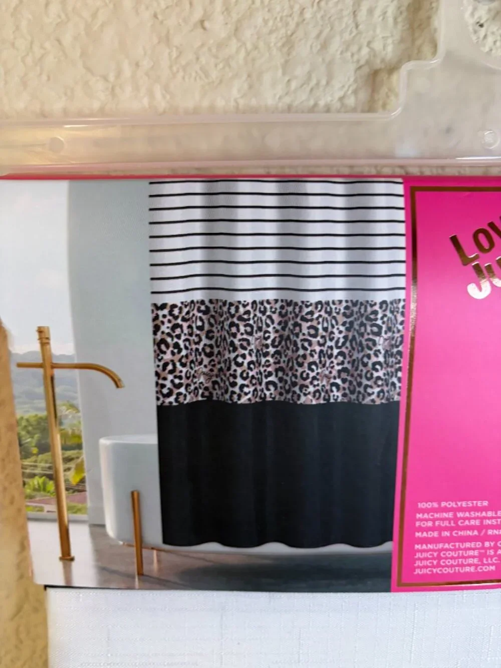 Juicy Couture Leopard Stripe Black White Shower Curtain 72x72 NWT